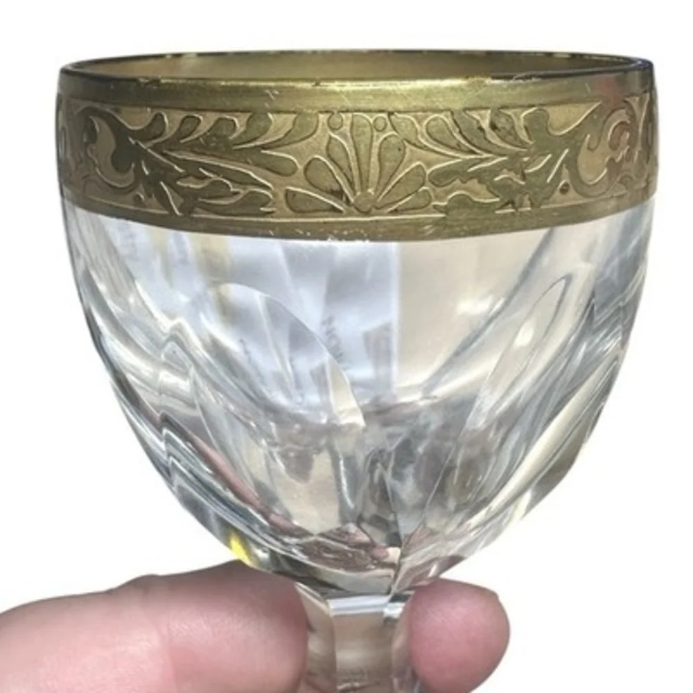 Pair Vintage Bohemian Gold Encrusted Cut Crystal Shot Glasses 4.25